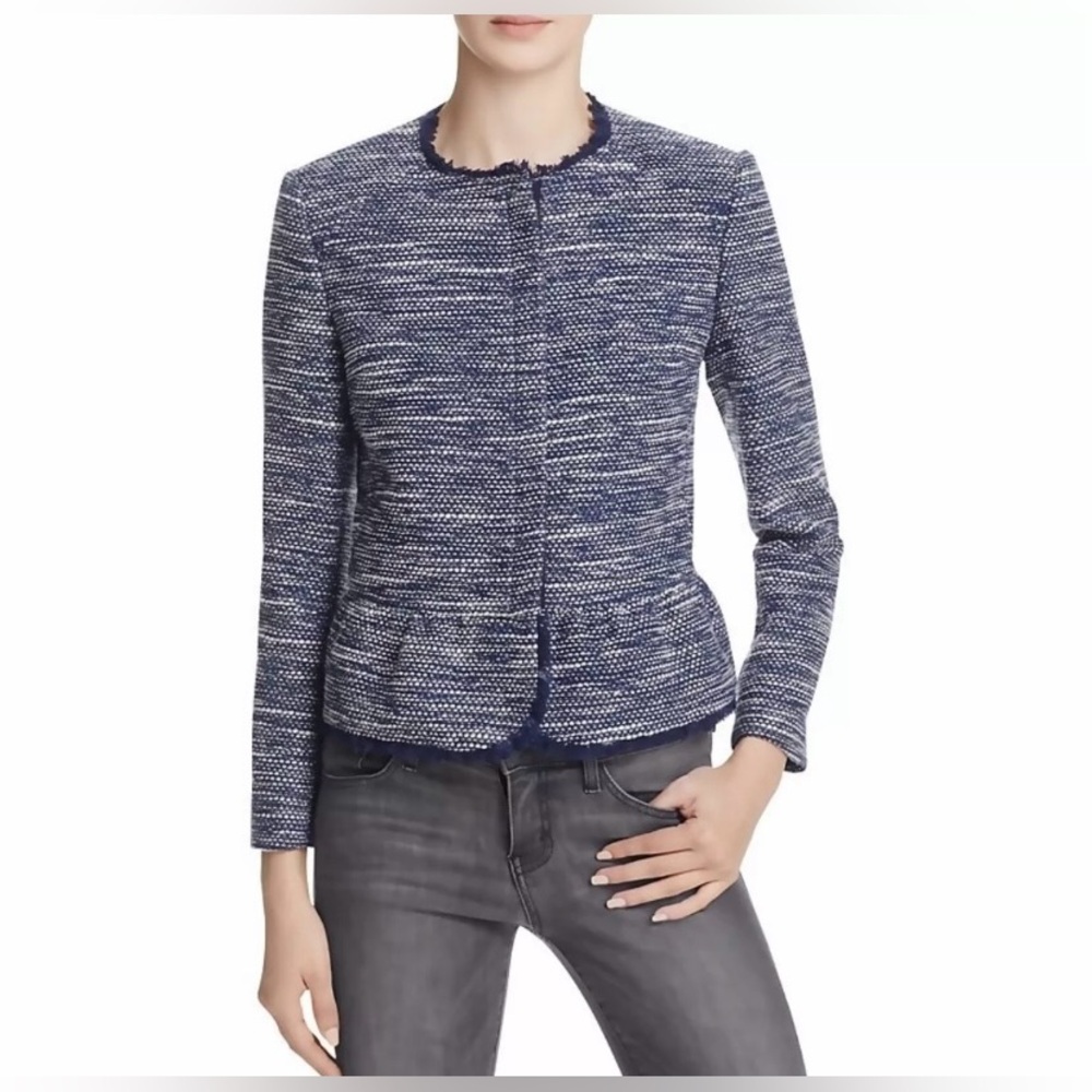 "Joie Milligan" tweed peplum jacket in a blue and white color scheme. - Picture 2 of 12